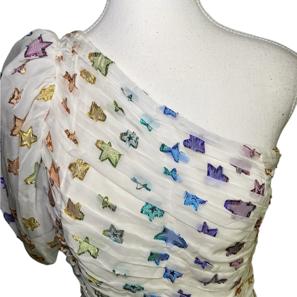 Shoshanna Midnight White Ruched One-Shoulder Metallic Star Y2K Party Mini Dress - Picture 4 of 15